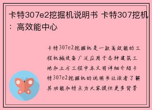 卡特307e2挖掘机说明书 卡特307挖机：高效能中心