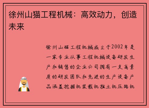 徐州山猫工程机械：高效动力，创造未来